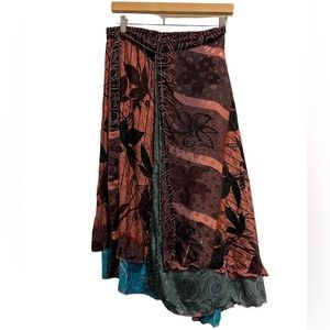 Silk Blend Skirt Women’s M True Wrap Skirt, 2 Layers Teal, Rust Tropical, Sheen
